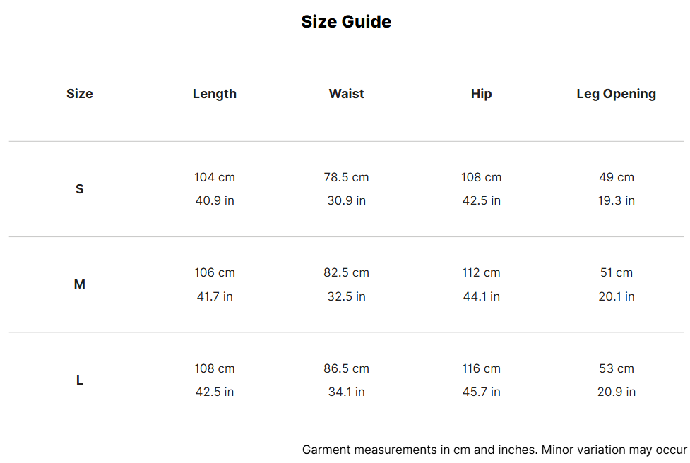 Curved Leg Trouser size guide 1